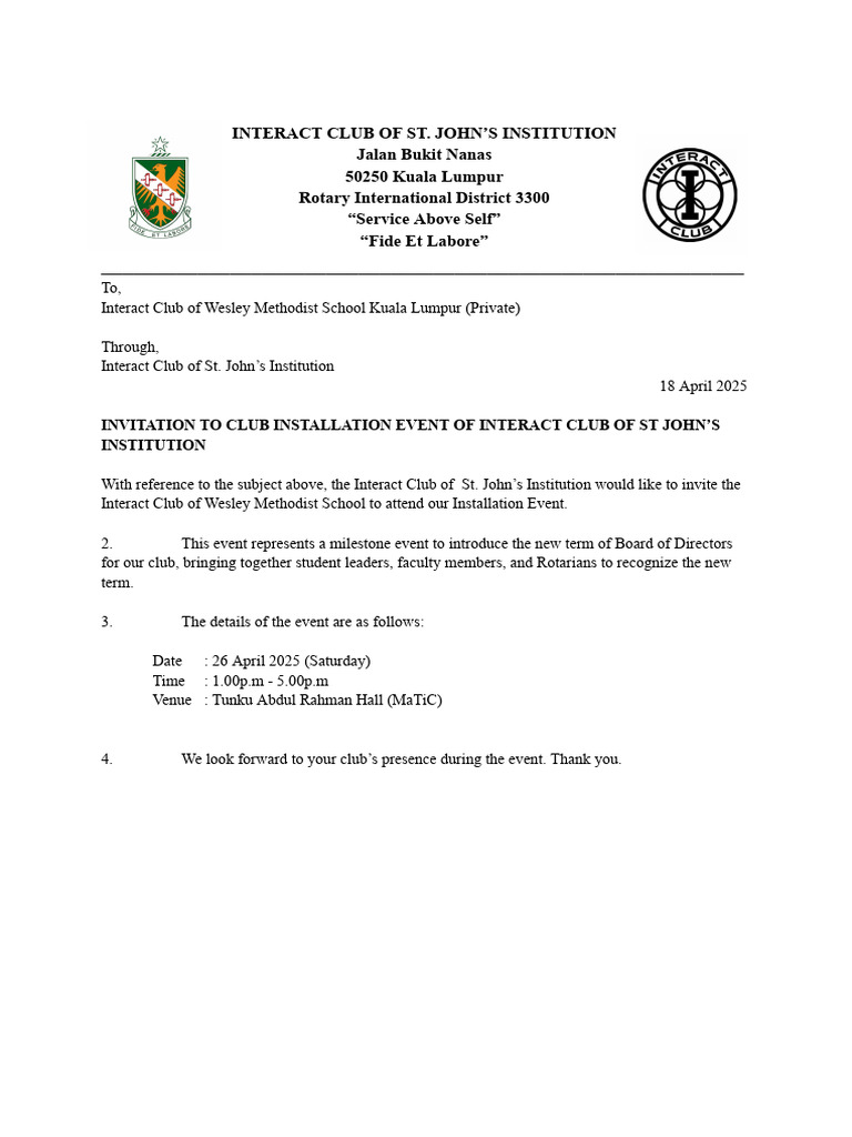 Interact Club Installation Invitation 2025 | PDF