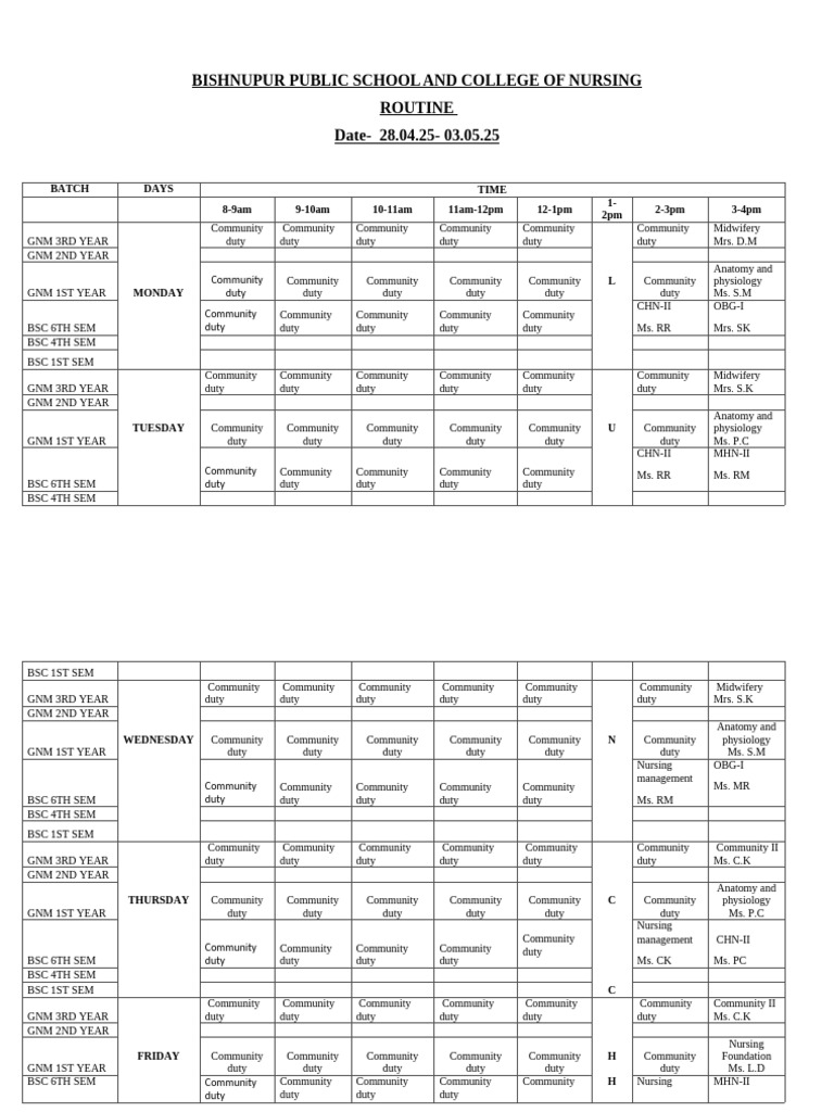 BPSCN Consolidated Routine 28.04.25 - 03.05.25-1 | PDF | Health Care