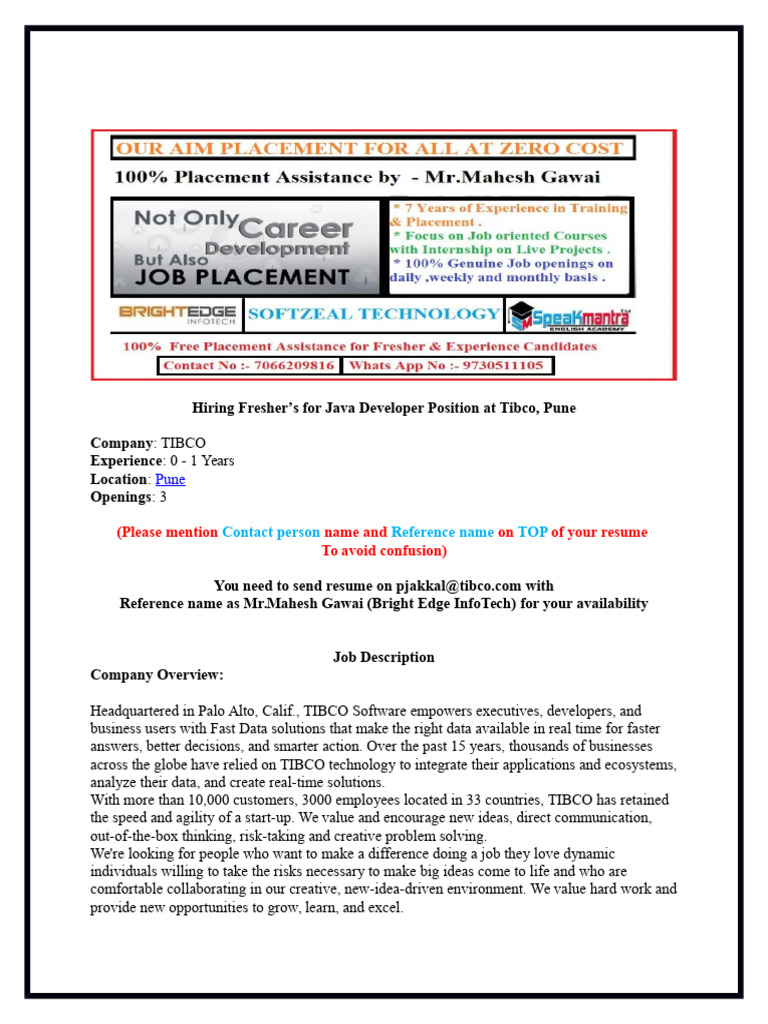 Hiring Freshers For Java Developer Position at Tibco, Pune PDF | PDF ...