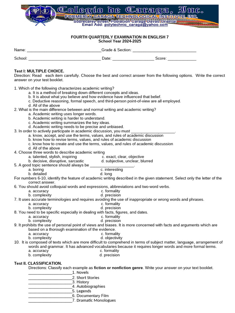 English 7 Quarterly Exam Guide | PDF | Accuracy And Precision ...