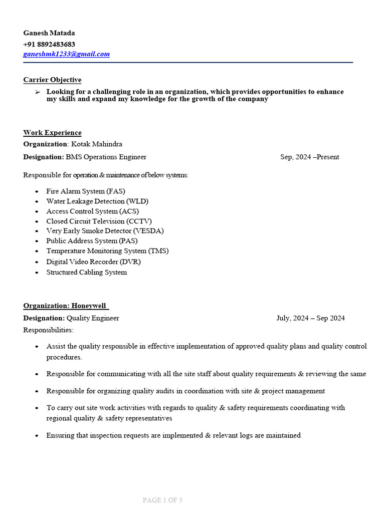 BMS Operations Engineer Resume | PDF