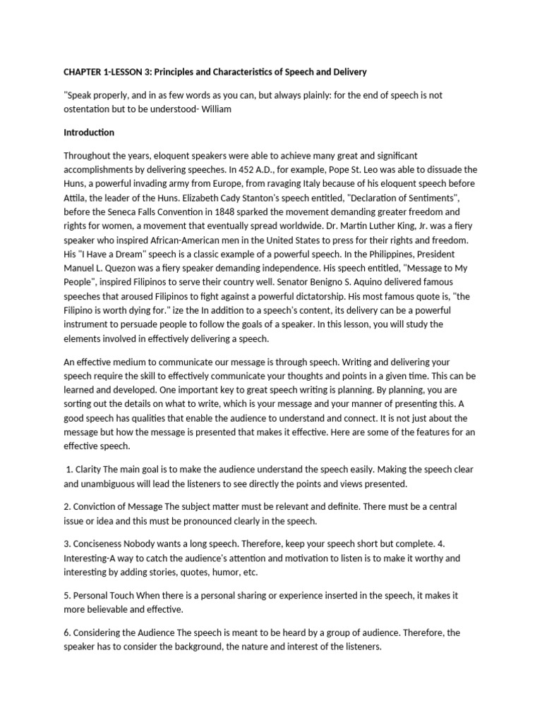 Chapter 1 Lesson 3 Principles and Characteristics of Good Speech and ...