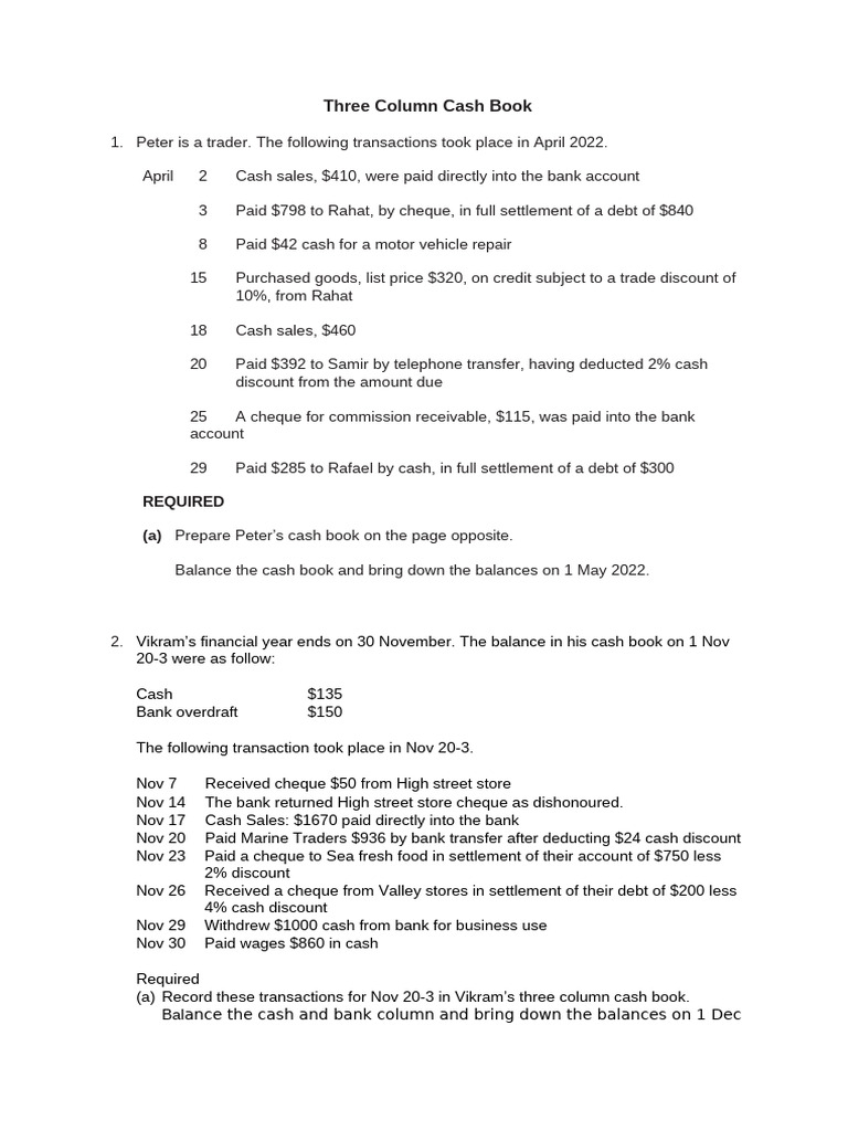 Three Column Cash Book Examples | PDF | Banks | Cheque