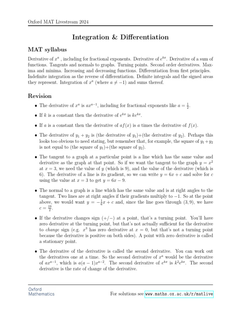 Oxford MAT 2024: Integration & Derivatives | PDF | Derivative | Integral