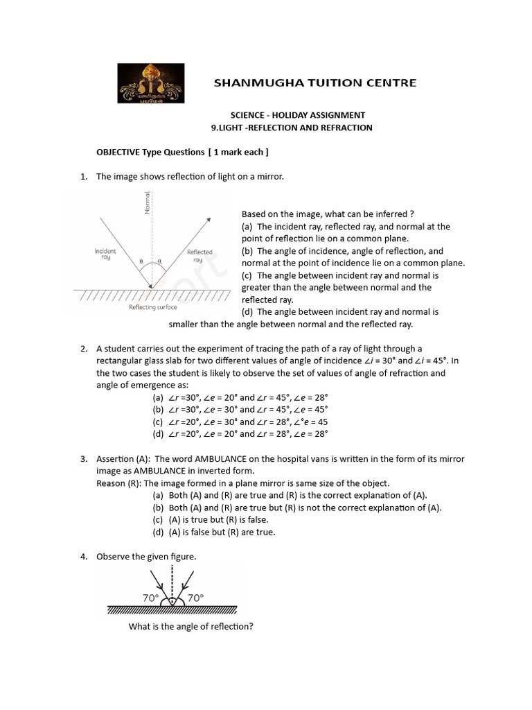 Light Reflection and Refraction Assignment | PDF | Electrodynamics | Atomic