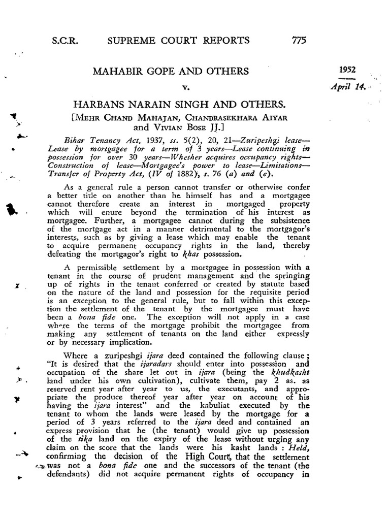 S.C.R. Supreme Court Reports Mahabir Gope and Others Harbans Narain ...