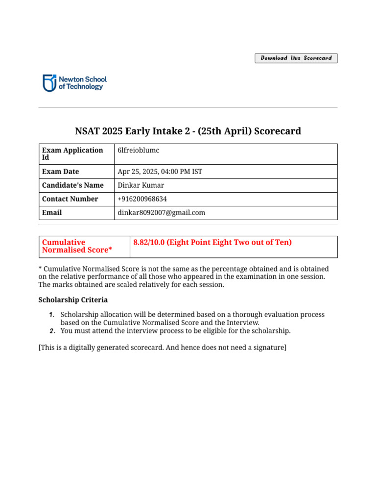 NSAT 2025 Scorecard Download | PDF