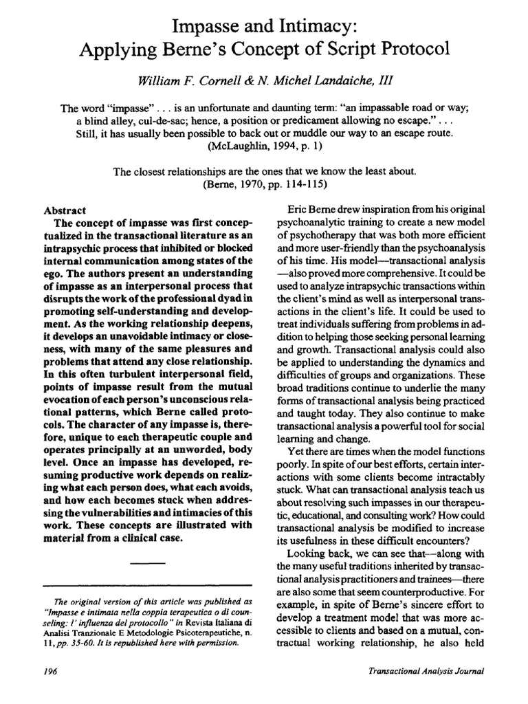 Impasse and Intimacy Applying Berne's Concept of Script Protocol | PDF