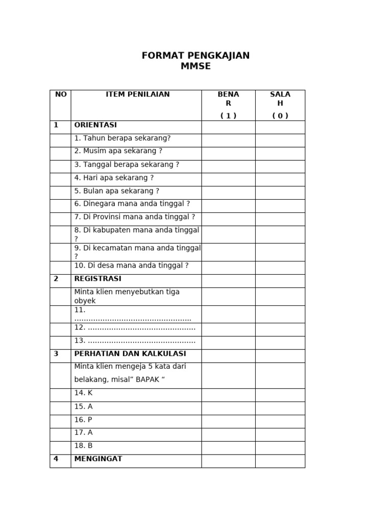 Format Pengkajian MMSE dan SPMSQ | PDF