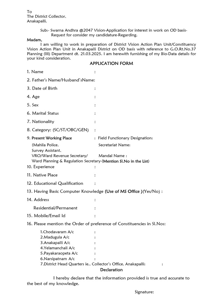 Bio Data Format For CVAP - DVAP | PDF