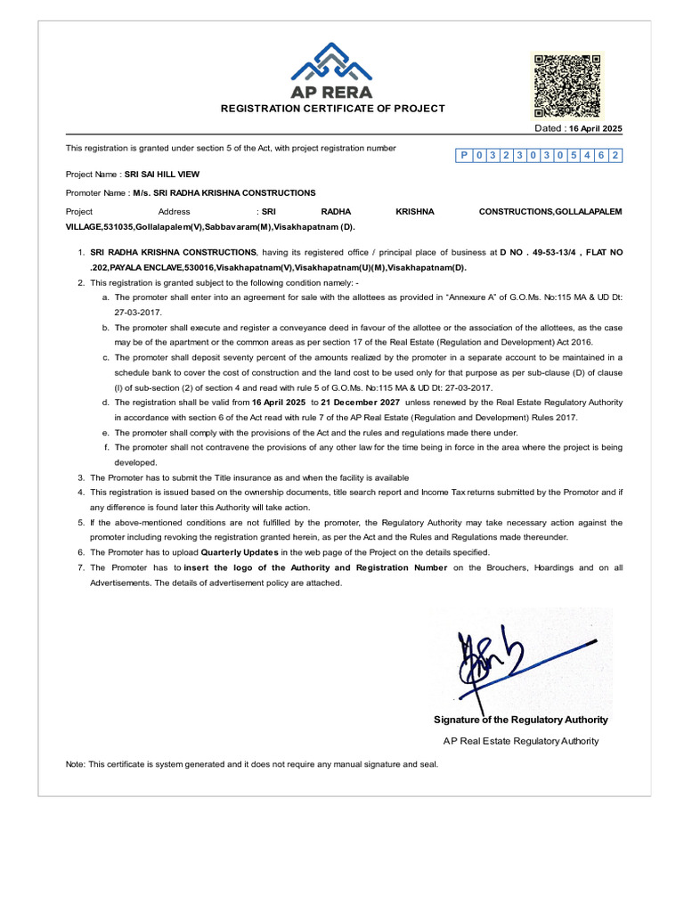 Sri Sai Hill View AP RERA Certificate | PDF | Private Law