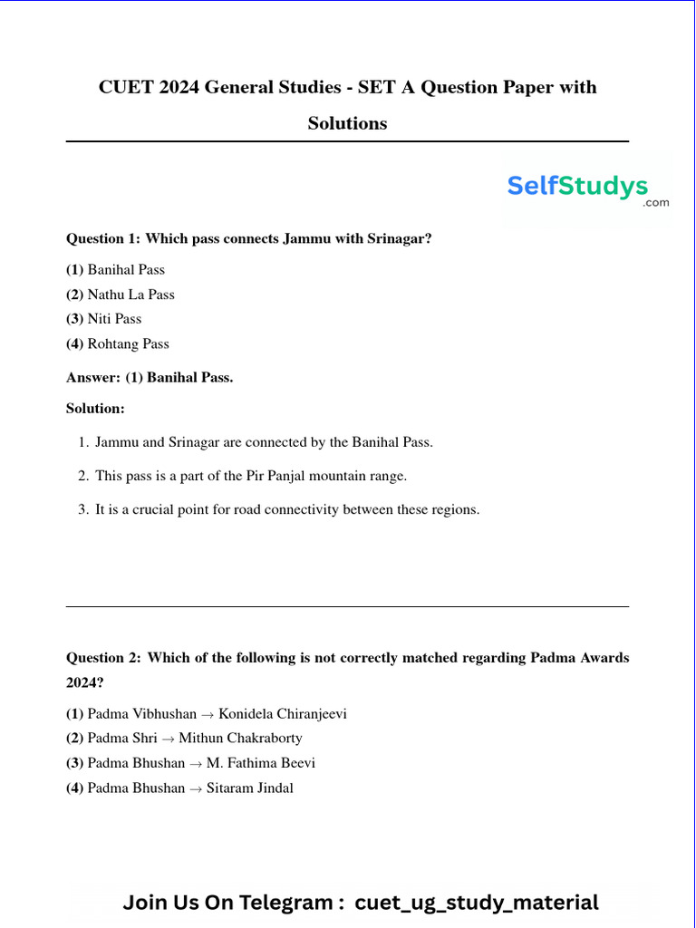 Key Questions for CUET 2024 General Studies | PDF | Area | Vishnu