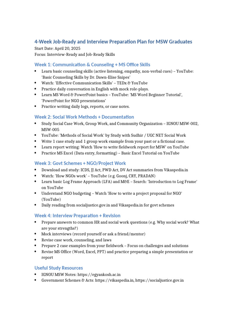 Job-Ready Plan for MSW Graduates | PDF