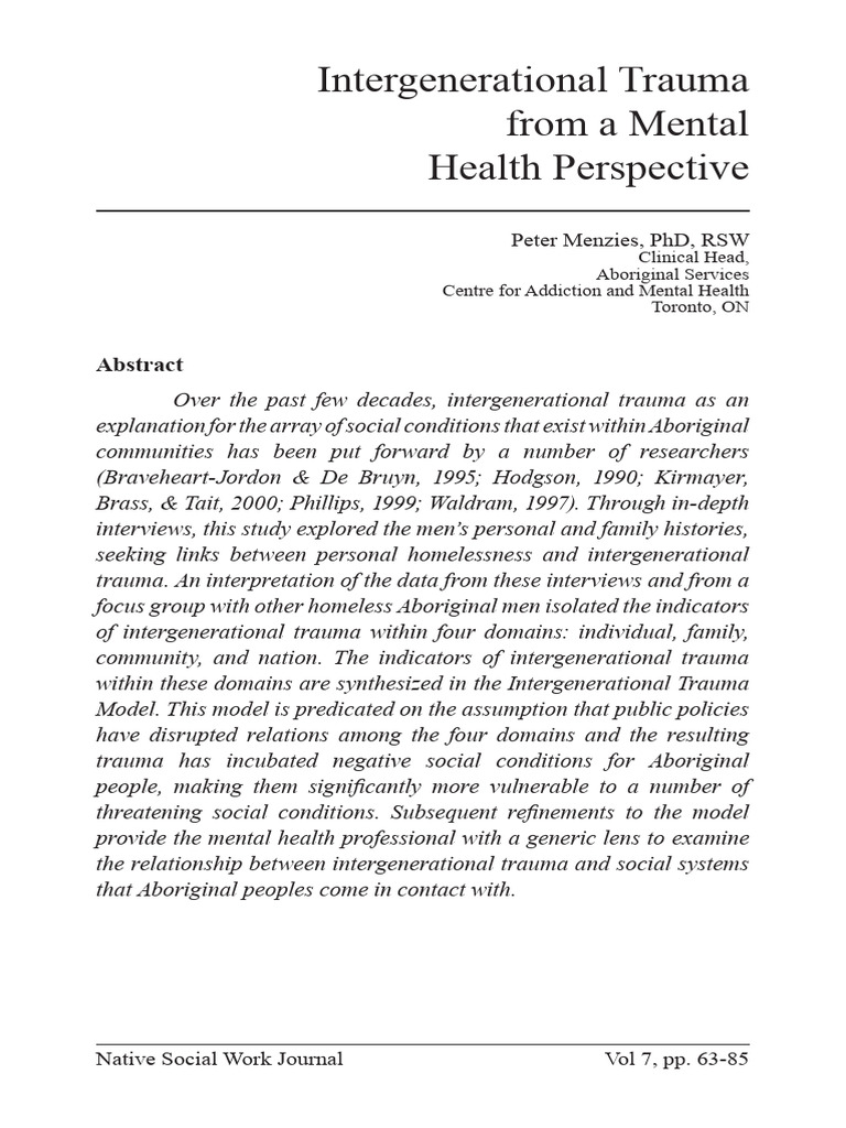 Intergenerational Trauma in Aboriginal Mental Health | PDF ...