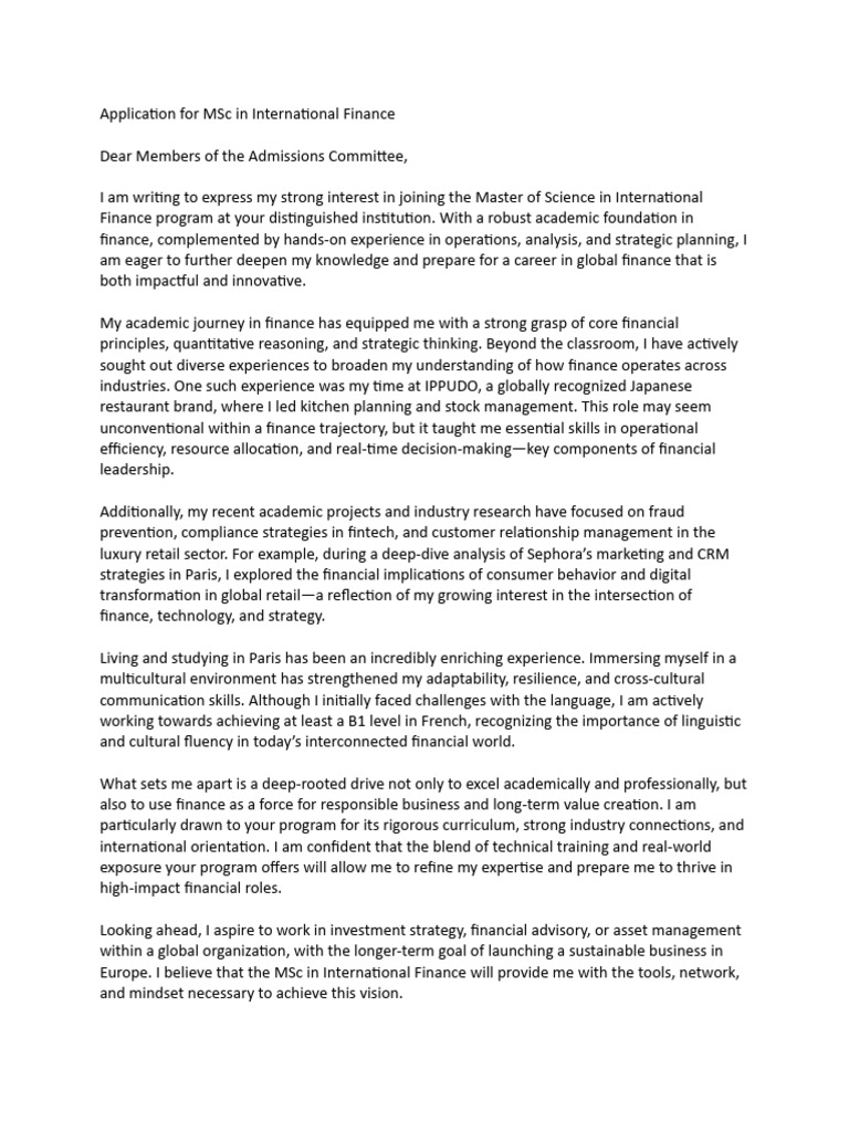 MSc International Finance Application Letter | PDF | Economies | Business