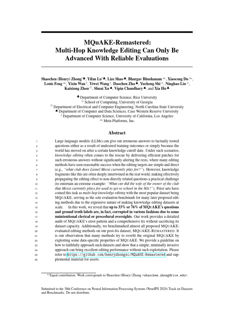 MQuAKE-Remastered: Fixing Knowledge Errors | PDF