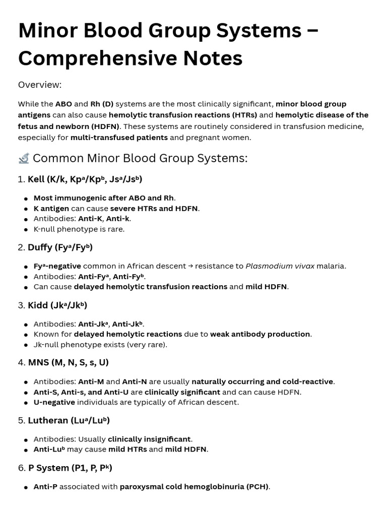 Minor Blood Group Systems Overview | PDF | Blood Type | Body Fluids
