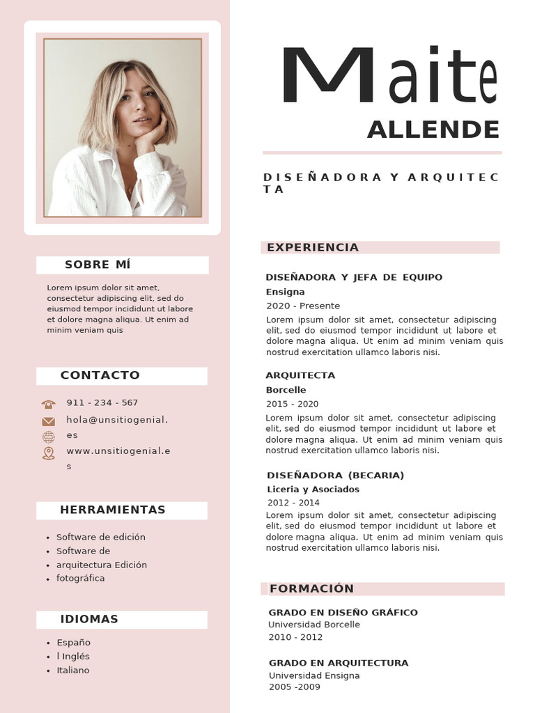 Currículum Vitae CV Diseñadora y Arquitecta Minimalista Rosa | PDF