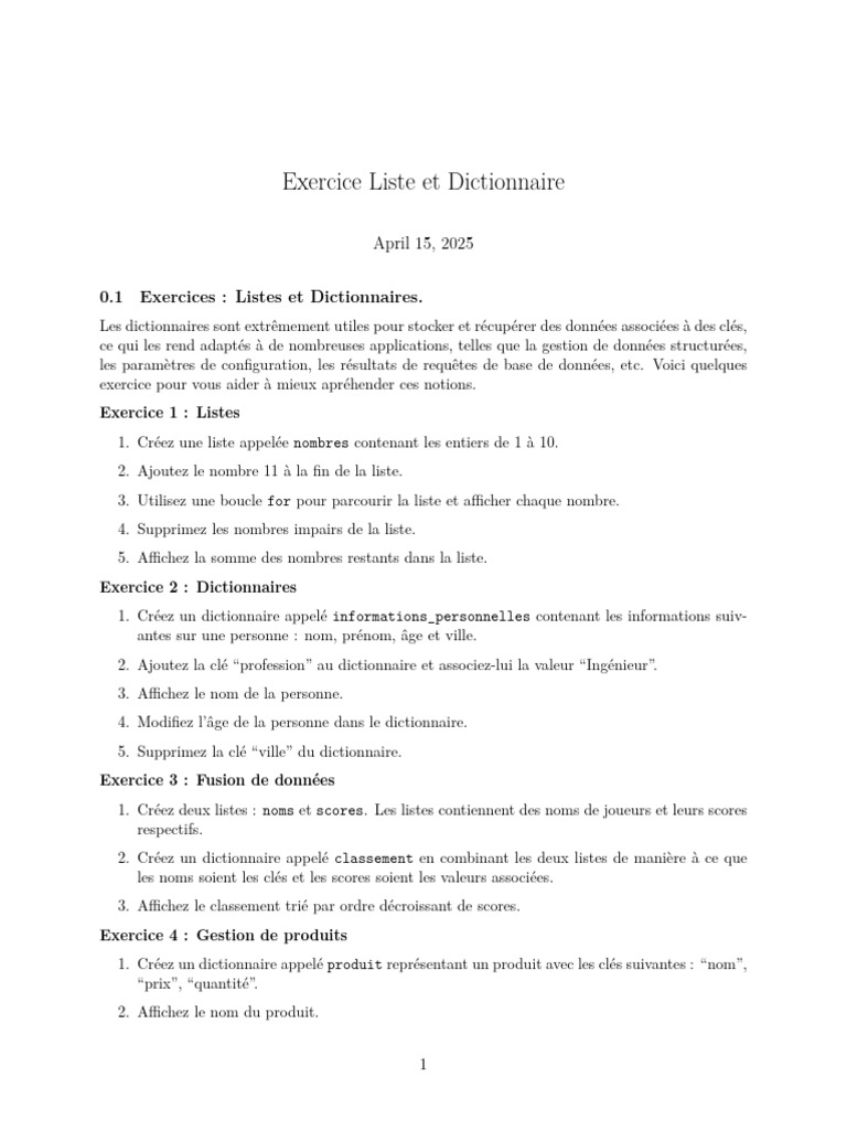 Exercices sur Listes et Dictionnaires | PDF