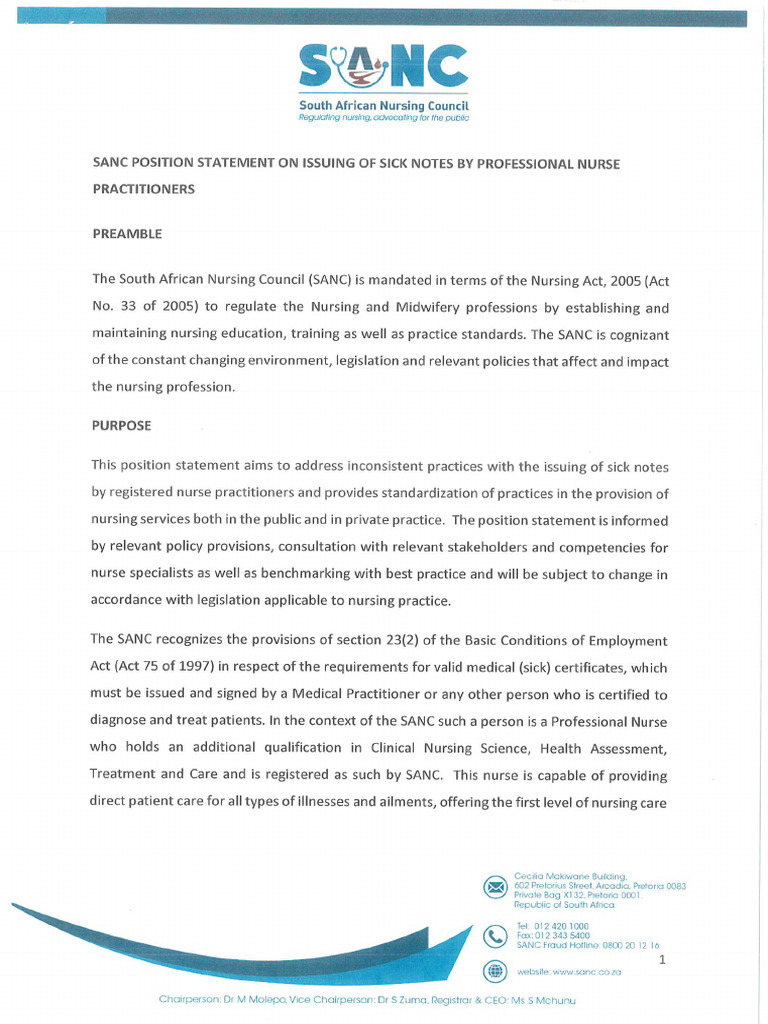 Position Statement On Issuing of Sick Notes South Africa | PDF