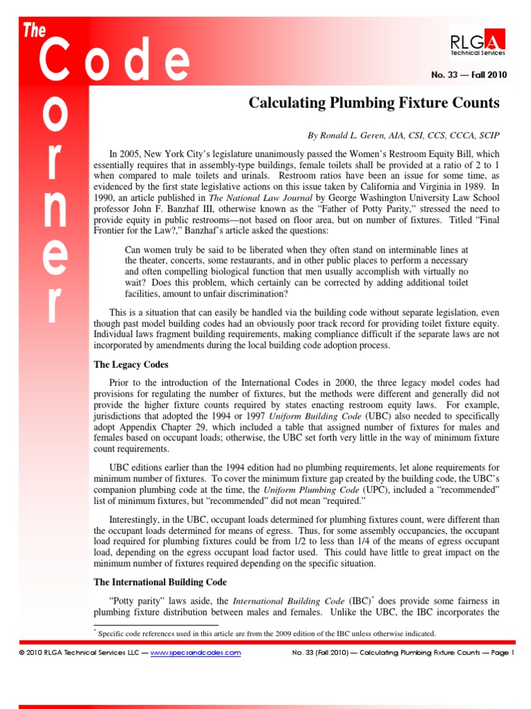 The Code Corner No. 33 Calculating Plumbing Fixture Counts PDF