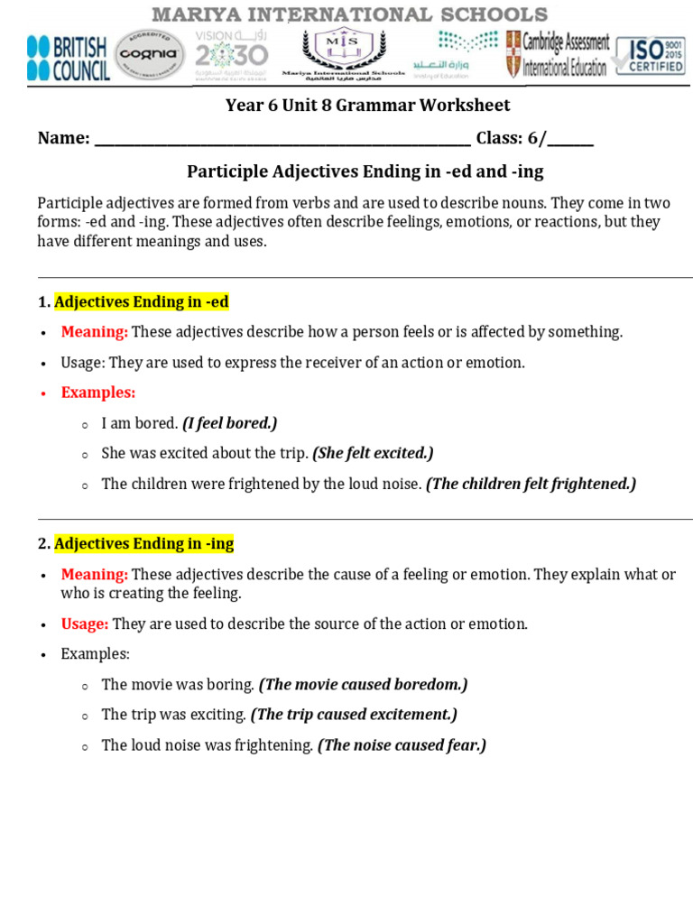 Year 6 Grammar: -ed and -ing Adjectives | PDF | Adjective | Semantic Units