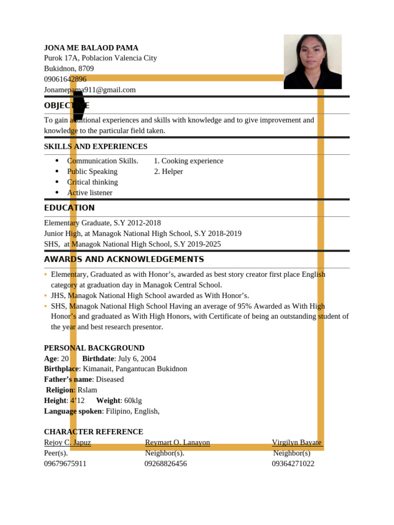 Resume of Jona Me Balaod Pama | PDF
