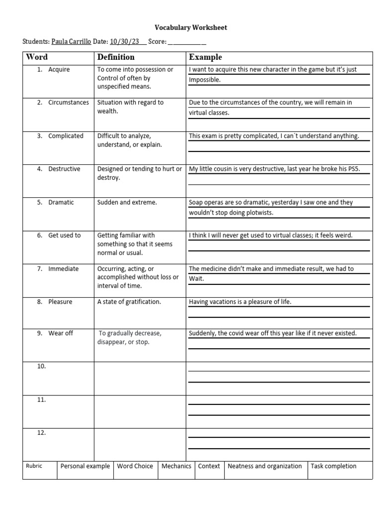Annotated-Vocabulary Worksheet - Paula Carrillo | PDF