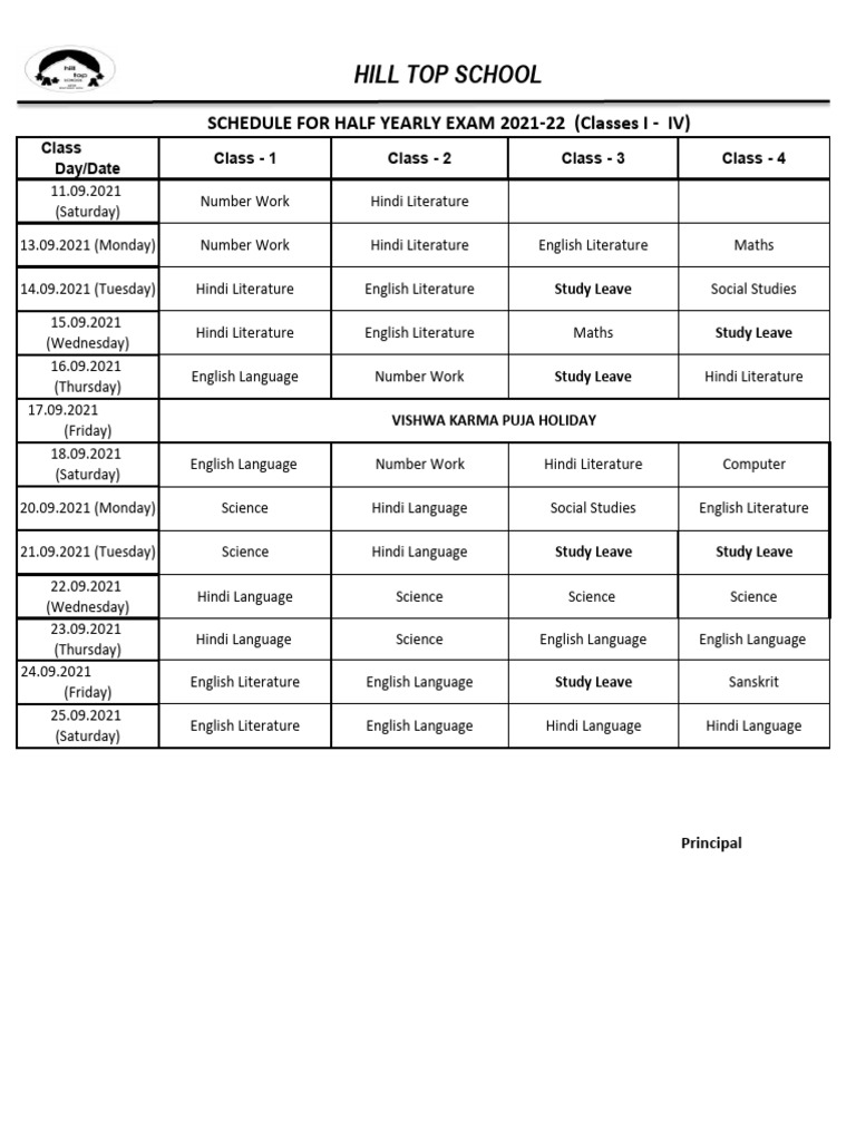 12th Class Half Yearly Exam Schedule | PDF