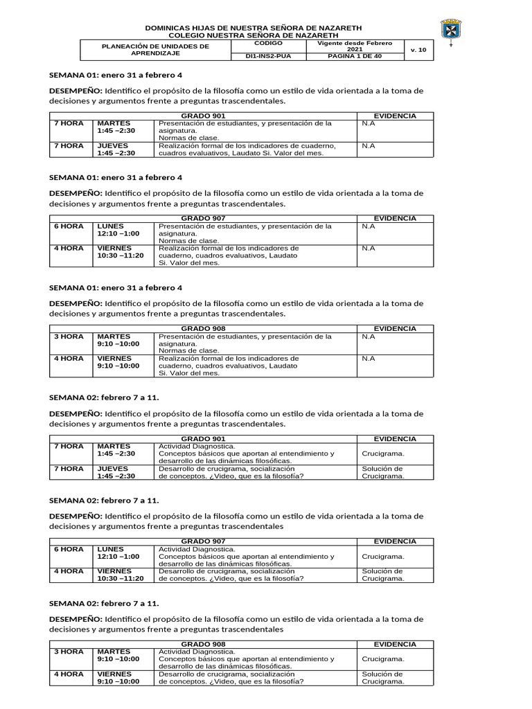 Planeación de Filosofía para Grados 901-908 | PDF | Filosofía Analítica ...