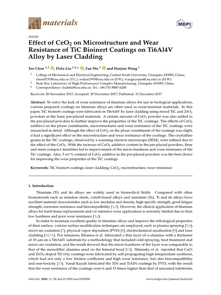 CeO2 Impact on TiC Coatings' Wear Resistance | PDF | Titanium ...