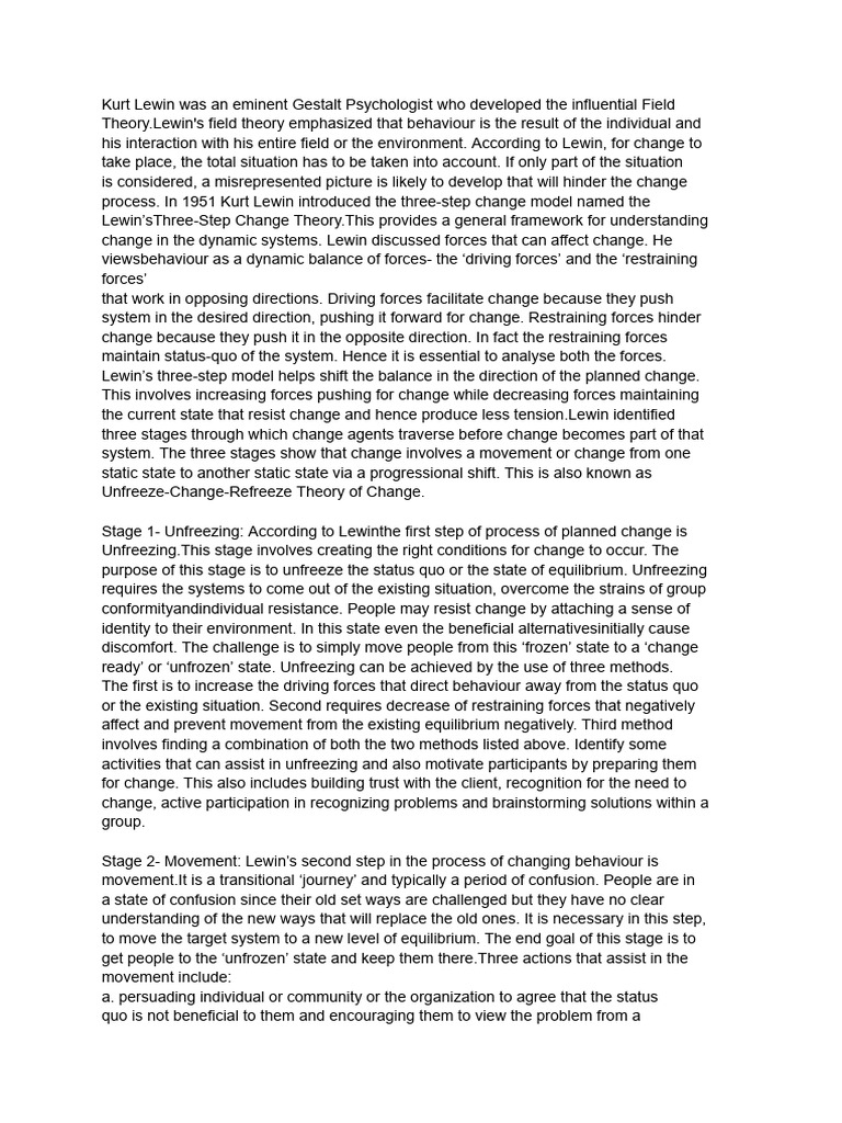 Lewin's Three-Step Change Model Explained | PDF | Psychological ...