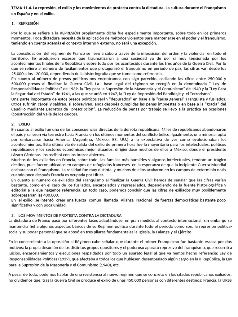 TEMA 11.4. La Represión, El Exilio y Los Movimientos de Protesta Contra ...