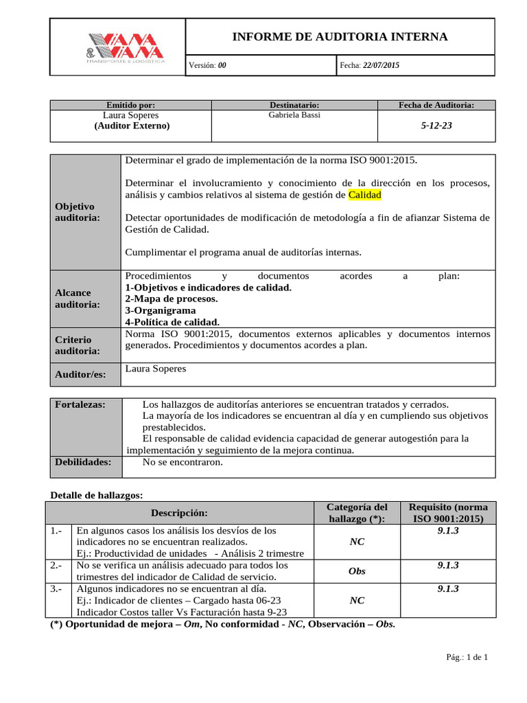 Auditoría ISO 9001:2015 - Informe 2023 | PDF | Auditoría | Sistema de ...