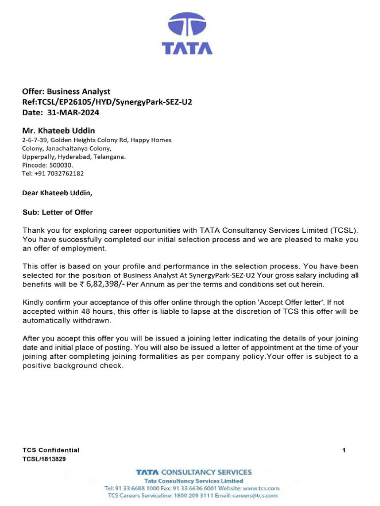 TCS-Offer-Letter - Khateeb Uddin | PDF