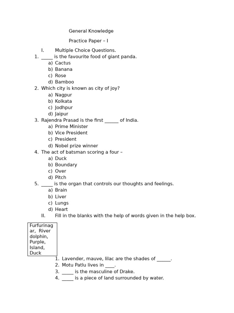 GK Practice Paper - Fill in the Blanks | PDF