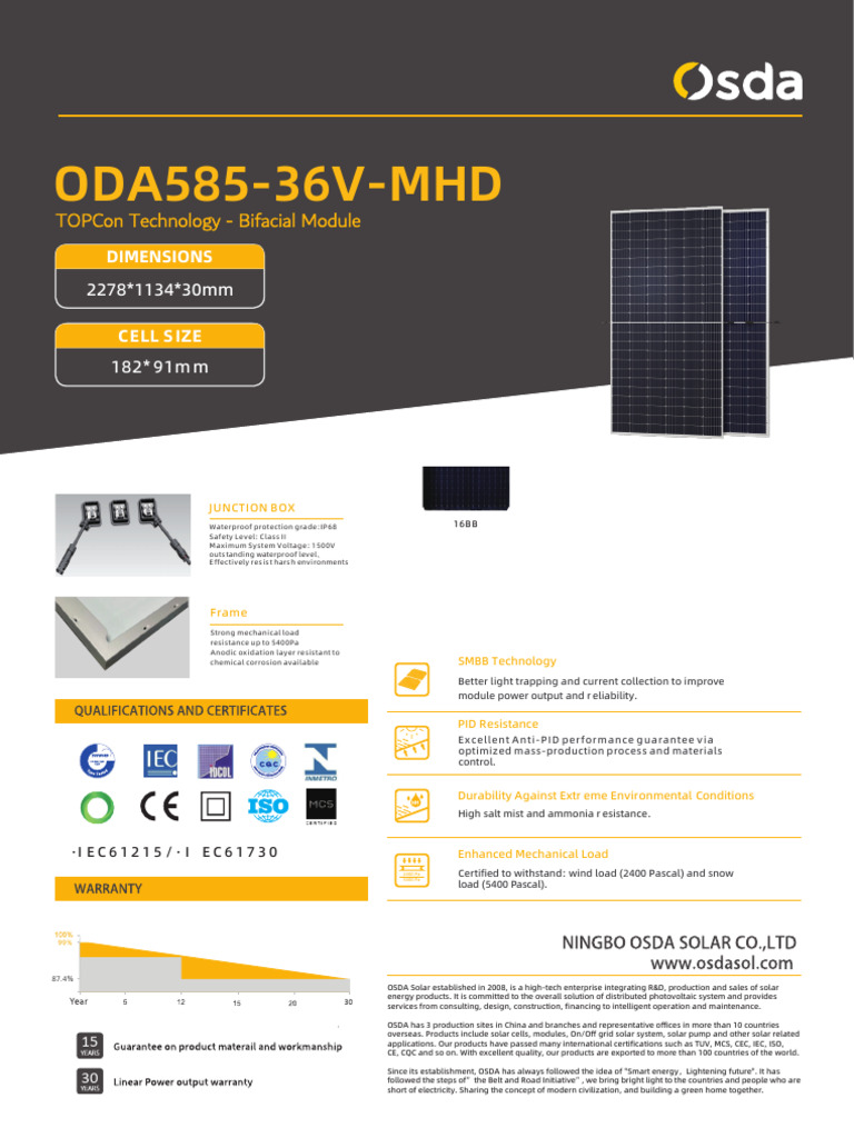 Datasheet ODA585-36V-MHD 585Wp Bifacial | PDF | Electricity