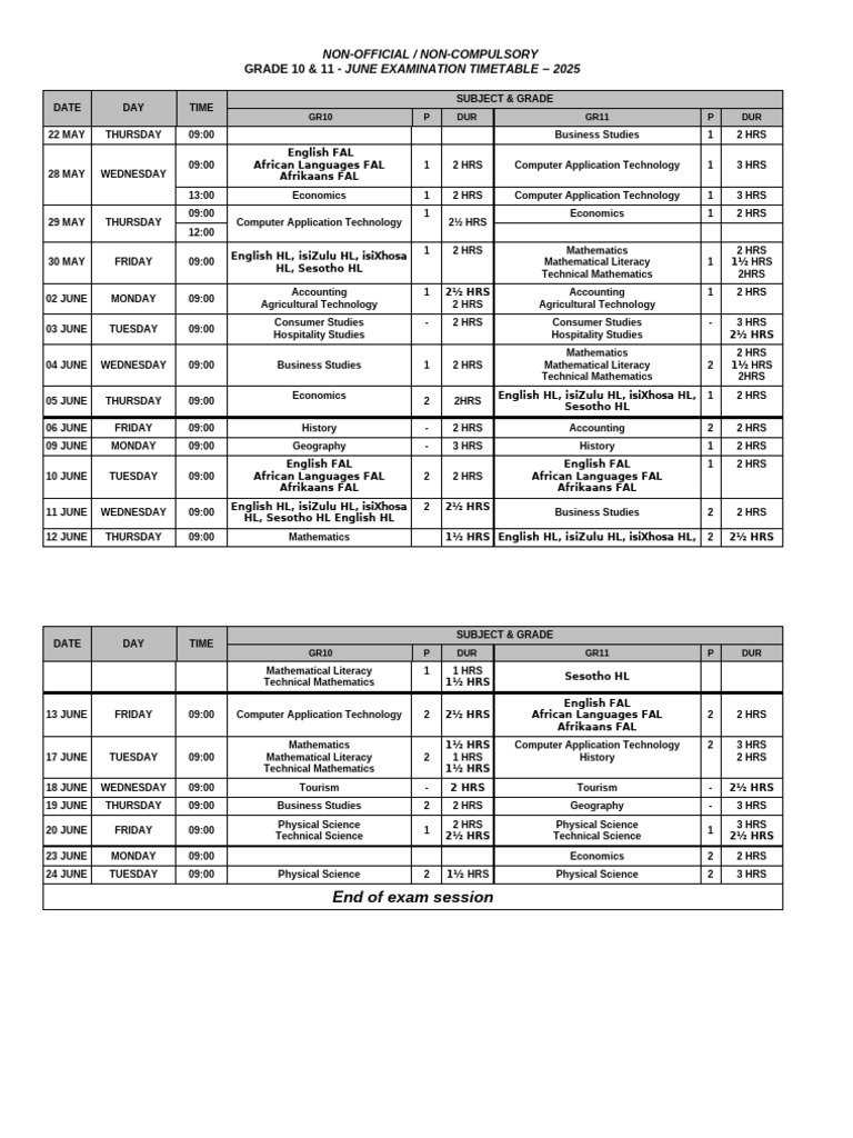 Grade 10 & 11 Exam Timetable 2025 | PDF