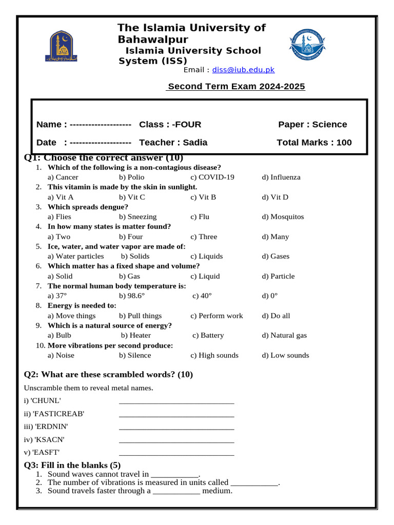 Science Exam Paper for Class Four | PDF | Gases | Sound