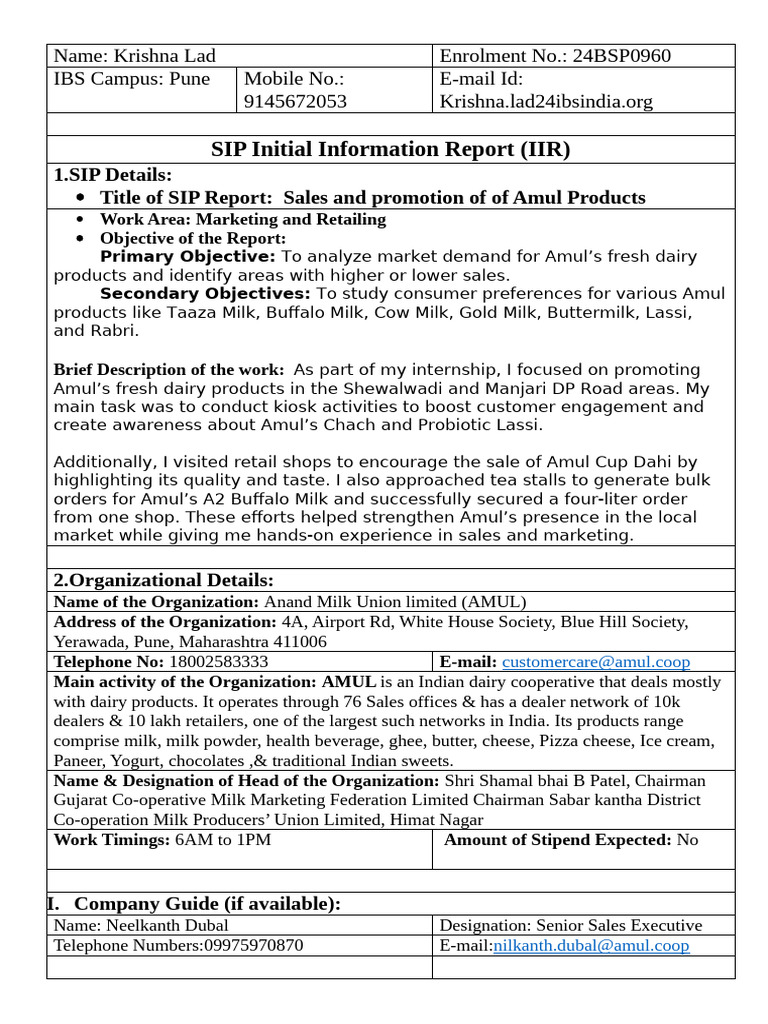 Krishna Lad SIP Initial Information Report (IIR) | PDF | Dairy | Milk