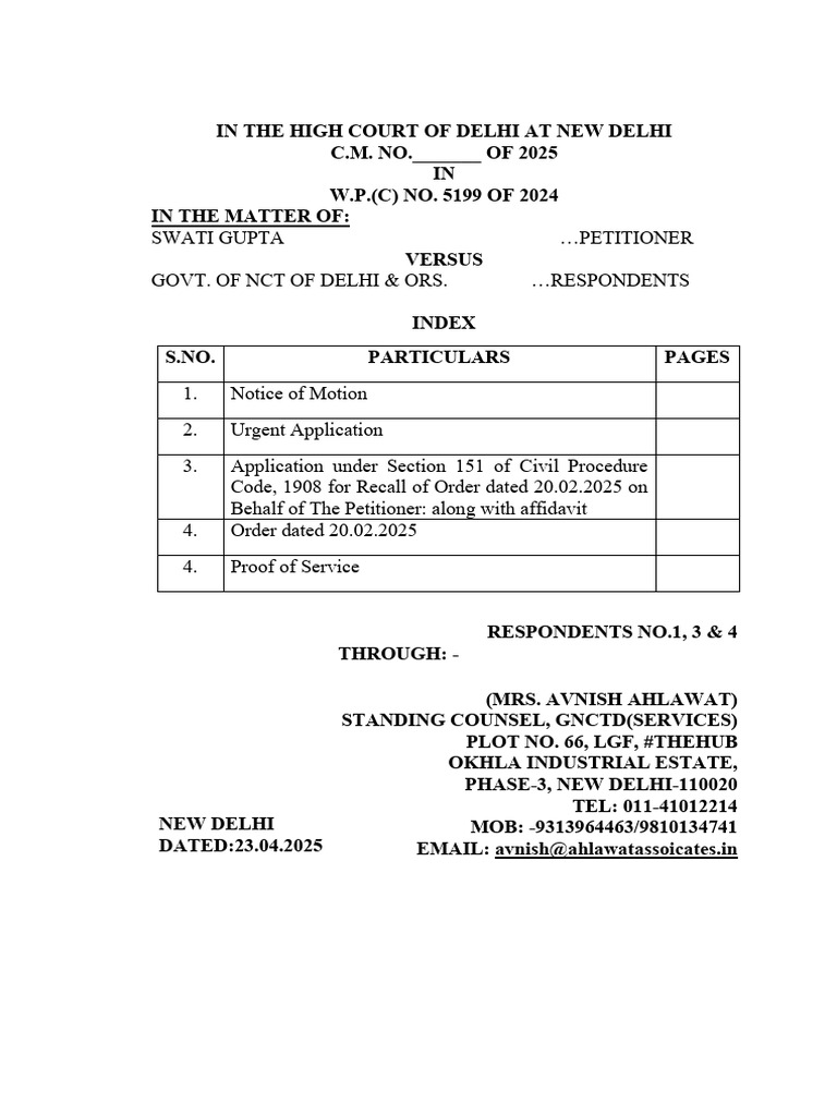 Delhi High Court Urgent Application 2025 | PDF | Civil Law (Common Law ...