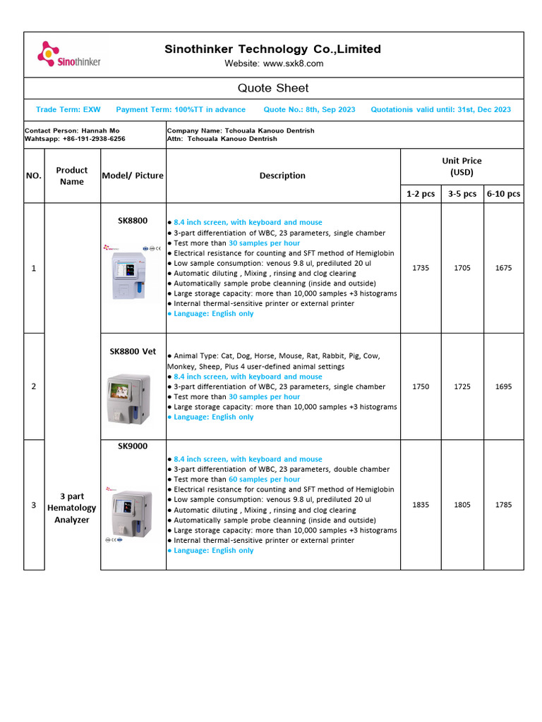 Sinothinker Lab Equipment Quotation | PDF