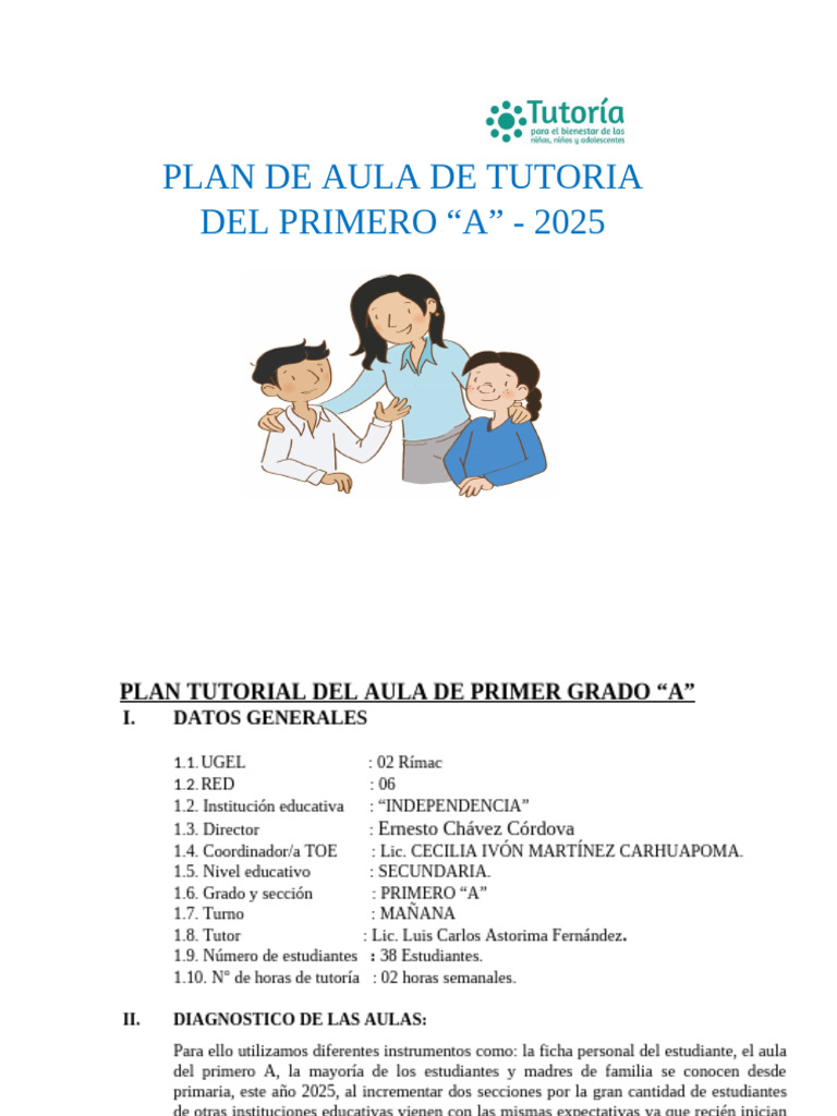 Plan Tutorial Del Aula de Primer Grado | PDF | Salón de clases ...