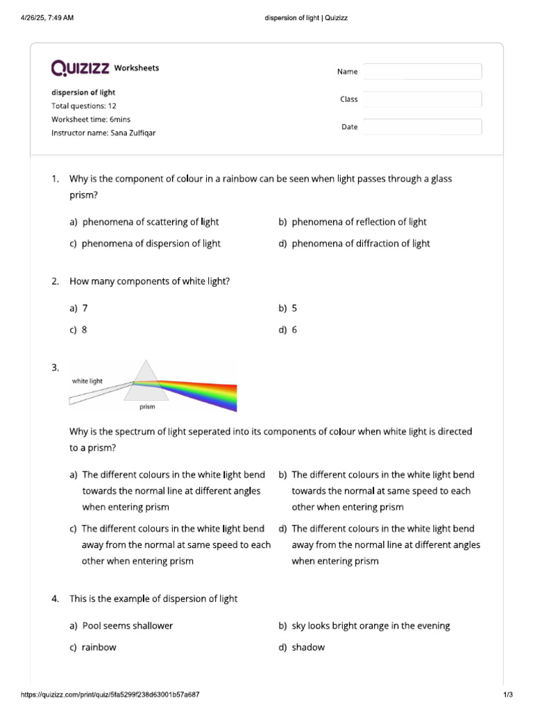 Dispersion of Light | PDF