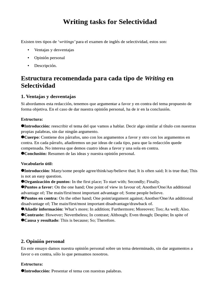 Estructura de Writing para Selectividad | PDF