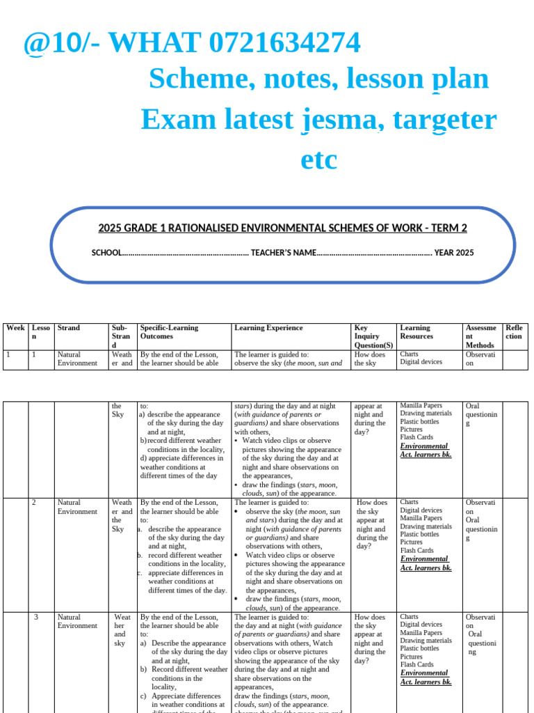 1 Environmental Activities Schemes of Work Term 2 | PDF | Sky | Plastic