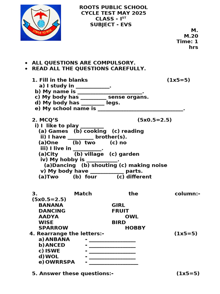 EVS Cycle Test for Class 1 - May 2025 | PDF