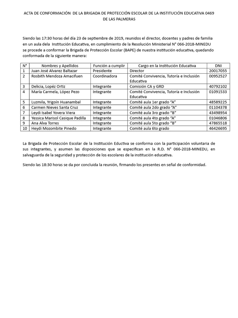 Conformación Brigada Protección Escolar | PDF