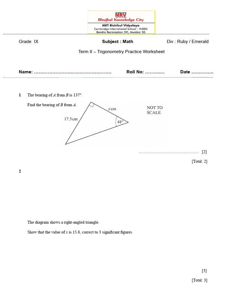 Grade IX Div: Ruby / Emerald Term II - Trigonometry Practice Worksheet ...