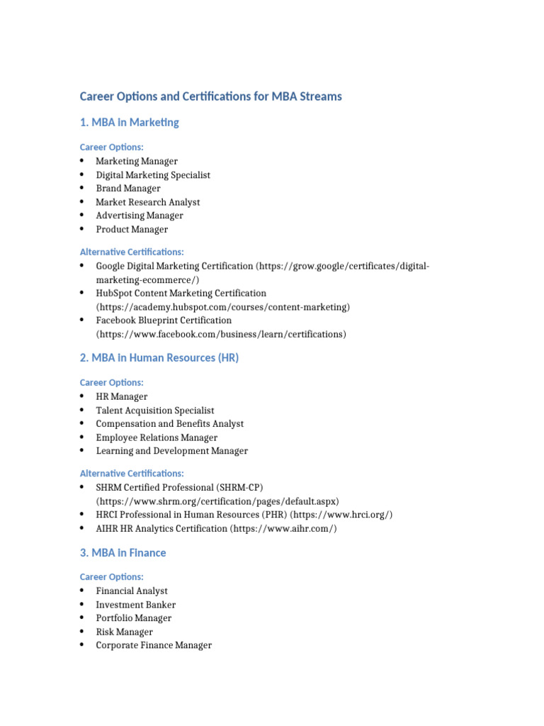 MBA Career Paths and Certifications Guide | PDF